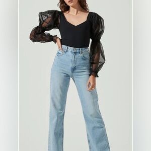 ASTR the Label Organza Puff Sleeve Black Bodysuit in Size Small